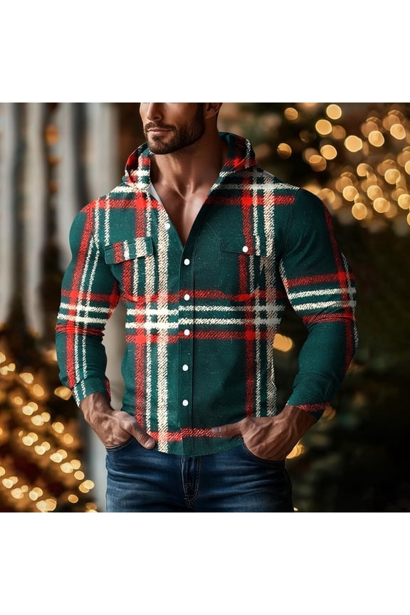 Long Shirts for Men,Grid Hoodie Long Sleeve Button Pocket Print Shirt Casual Top