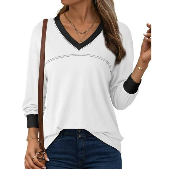 Ahabrexf Sweaters for Women, Fashion Color Matching Long Sleeve V Neck Casual T-Shirt and Blouse