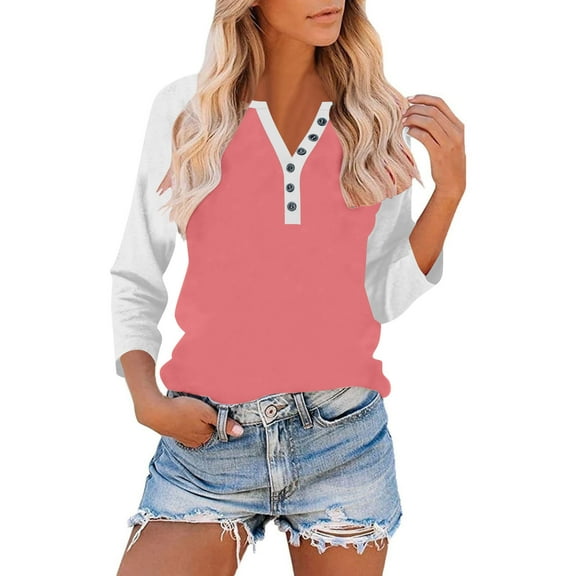 Ahabrexf Shirts for Women, Button V Neck 3 Quarter Sleeve Raglan T Shirt Loose Top