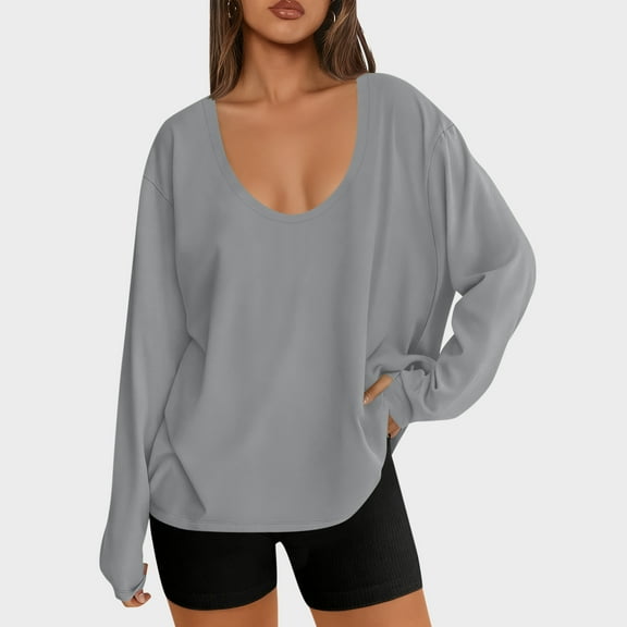 Ahabrexf Long Sweatshirts for Women, Oversized Crew Neck Long Sleeve Solid Casual Workout Top Shirt