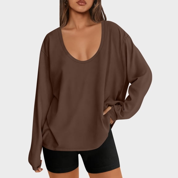 Ahabrexf Long Sweatshirts for Women, Oversized Crew Neck Long Sleeve Solid Casual Workout Top Shirt