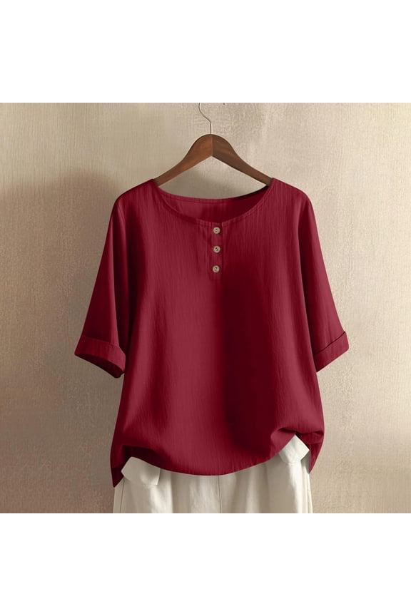 Short Sleeve Blouses for Women, Casual Button Down Shirts with Round Neck and Comfortable Polyester Fabric for Everyday Summer Wear