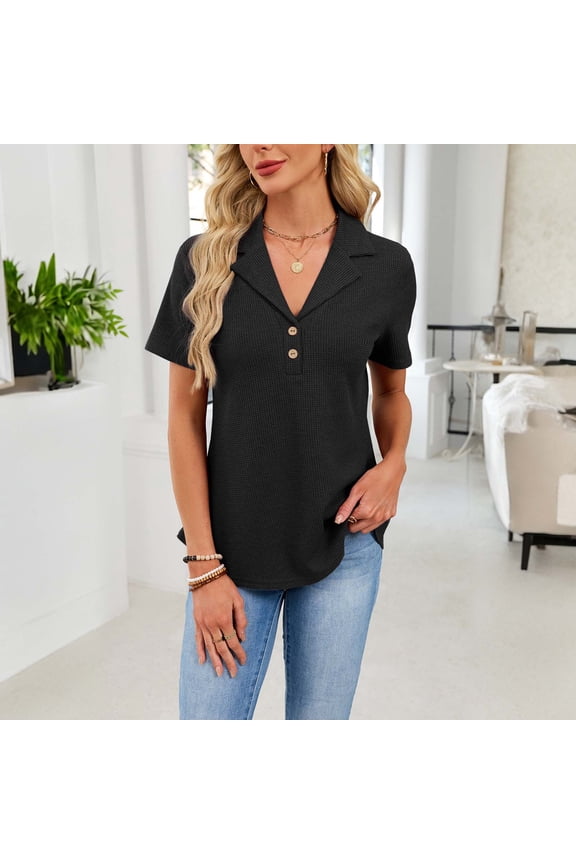 Short Sleeve Blouses for Women, Solid Hue Button-Down Shirts with Casual Collar for Spring and Summer Wear