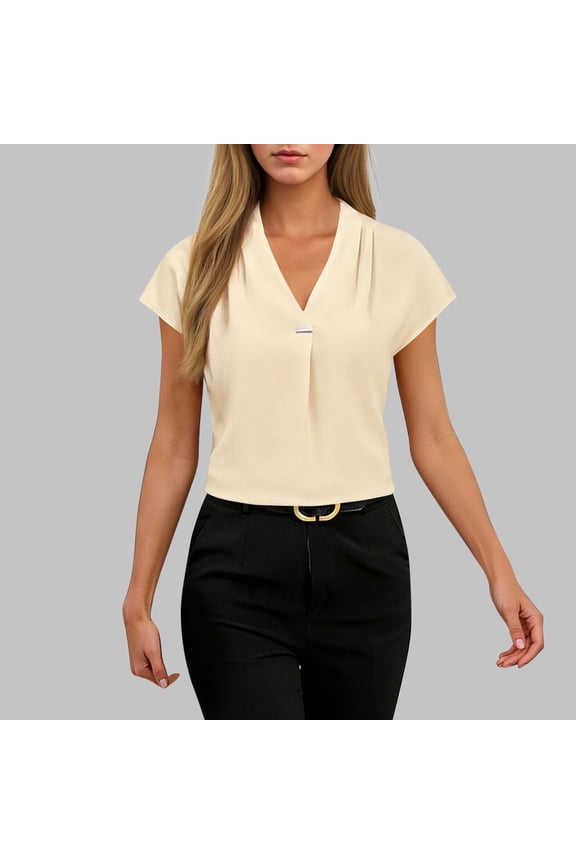 Short Sleeve Blouses for Women, Tailored V-Neck Poplin Top for A Polished Casual Look with Button Front and Cap Sleeves