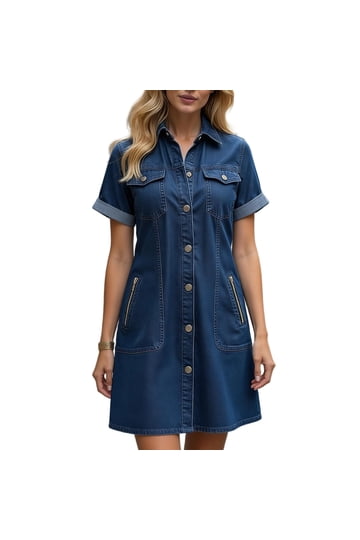 denim dress nearby Medium Wash Short Sleeve Mini Madida Clothing 55 Bust Women's Piece Dyed Denim Dress