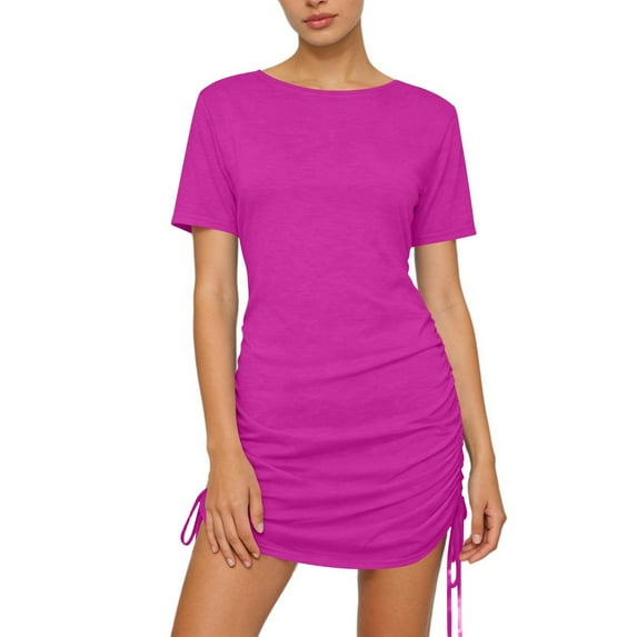 Ahabrexf Short Sleeve Dress, Women's Flattering Ruched Mini with Adjustable Drawstring for Casual Outings