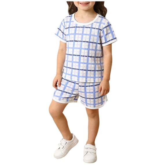 Ahabrexf Short Sleeve Dress for Girls and Boys with Printed Short Pants, Casual Round Neck Collar Button Top Set