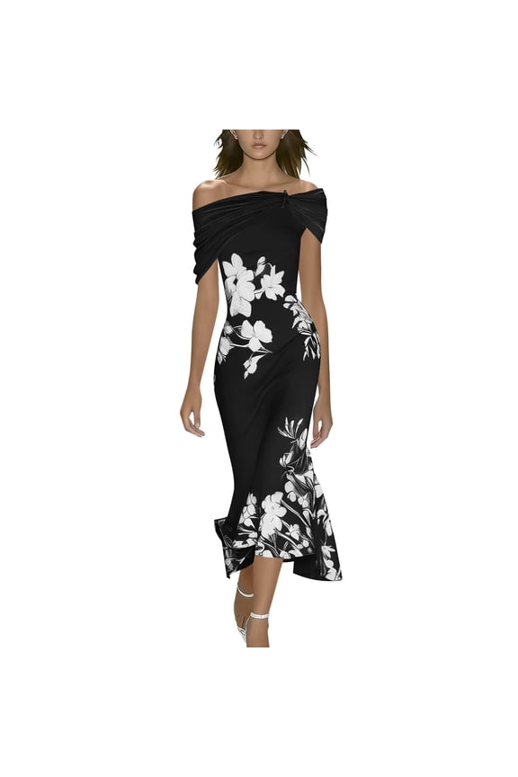 Short Sleeve Floral Dress for Women Off-Shoulder Fitted Midi Bodycon Dress with Floral Print for Cocktail Parties Woven Fabric Summer