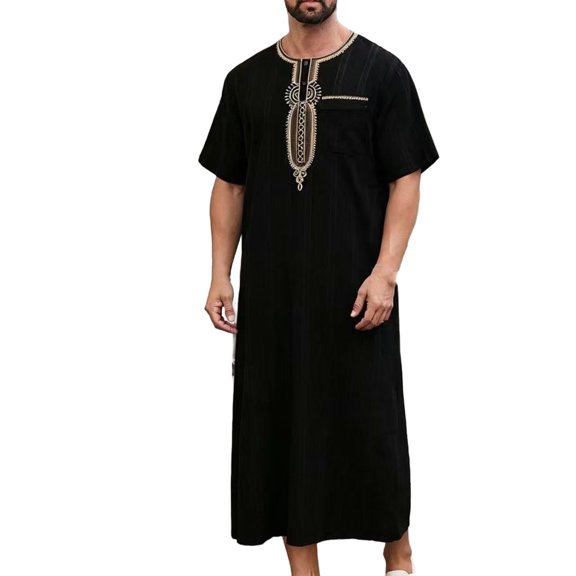 Ahabrexf Short Sleeve Robe for Men, Embroidered Loose Fit Muslim Leisure Robe, Polyester, Solid Color