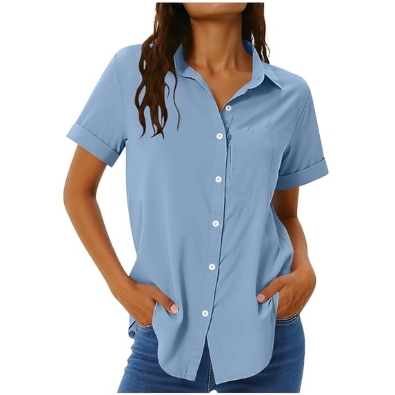 Ahabrexf Short Sleeve Shirts for Women Casual Solid Color Button Up Collar Pocket T Shirt Polyester Regular Fit 1Pc