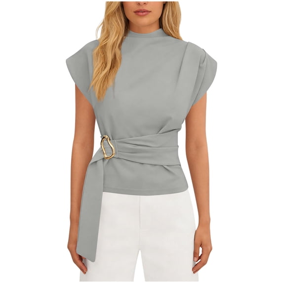 Ahabrexf Short Sleeve Shirts for Women Casual V-Neck Pullover Blouse in Polyester Solid Color