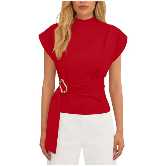 Ahabrexf Short Sleeve Shirts for Women Casual V-Neck Pullover Blouse in Polyester Solid Color