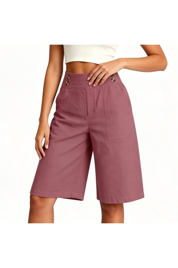 Shorts for Women, High Waist Wide Leg Bermuda Shorts with Button Detail and Pockets for Summer