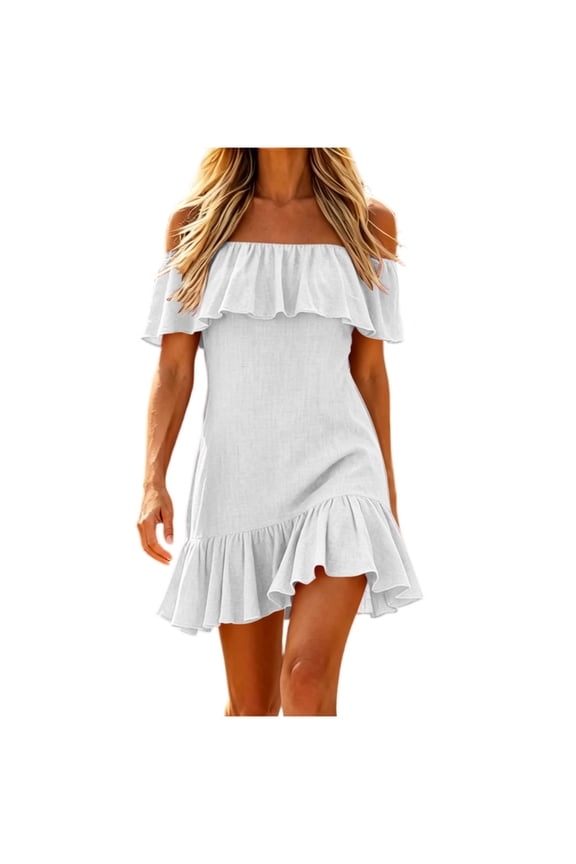Off Shoulder Summer Dresses for Women, Ruffle Border Linen Look Solid Color Mini Sundress, Casual Flowy Short Dress for Beach Vacation Daily Wear