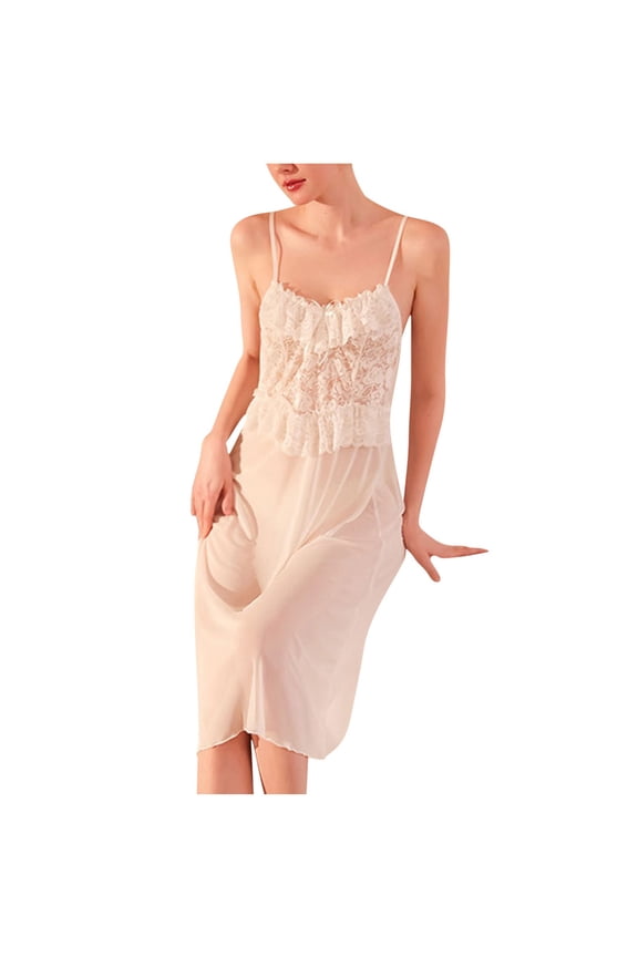 Sleepshirt for Women, Mesh Court Style Long Transparent Lace Patchwork Nightgown with Half Sleeve and Regular Length