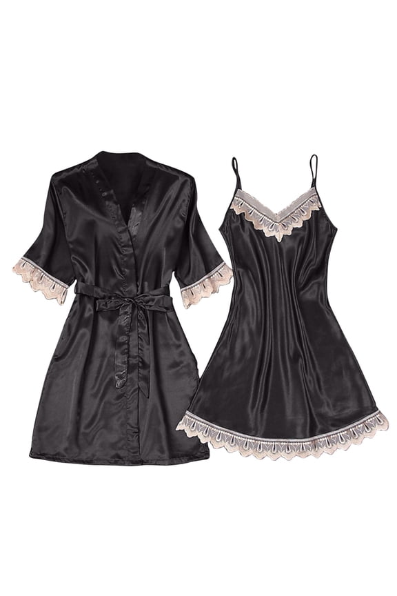Sleepwear Set for Women, Satin Polyester Nightdress and Matching Robe with Lace Cut, Sleeveless and Short Sleeve, Homewear