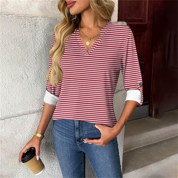 Ahabrexf Top, Women's Fashion Print Color Long Sleeve V-Neck Shirt with Buttons for Daily Wear