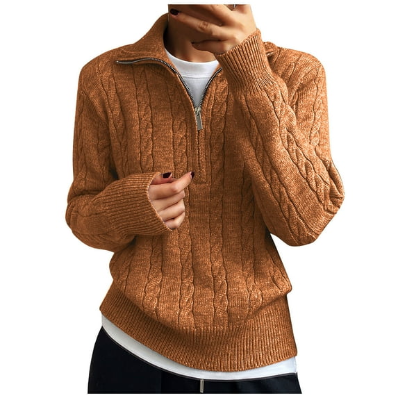 Ahabrexf Womens Winter Tops, Solid Color Zipper Knitted Loose V Neck Sweater Cardigan