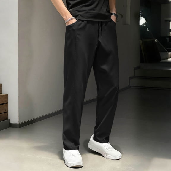 Ahabrexf Straight Leg Pants,Men's Solid Color Elastic Waist Drawstring Pocket Casual Trousers