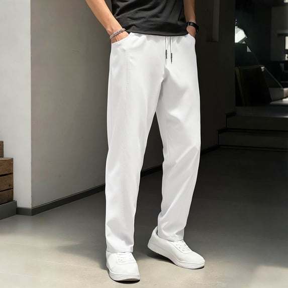 Ahabrexf Straight Leg Pants,Men's Solid Color Elastic Waist Drawstring Pocket Casual Trousers