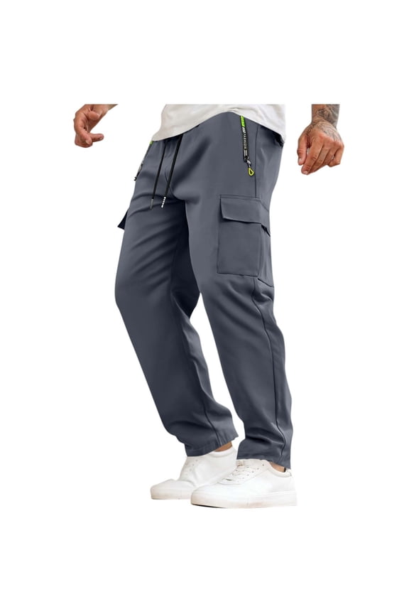 Straight Leg Pants for Men, Casual Multi-Pocket Workwear, Polyester Full-Length Trousers, 1 PC