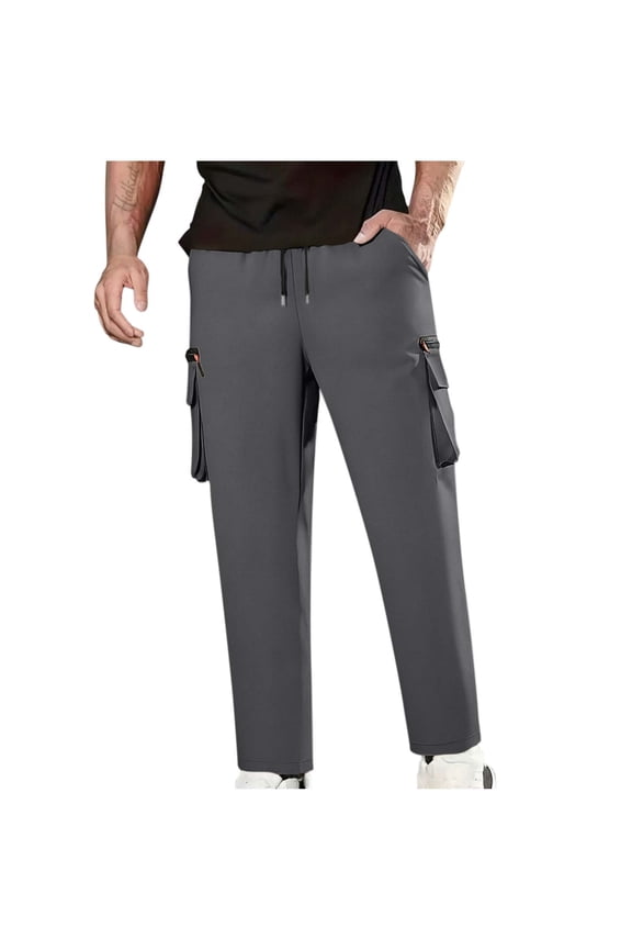 Straight Leg Pants for Men, Casual Workwear with Multiple Pockets, Polyester, Full Length, 1 PC