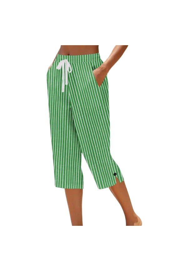 Striped Cropped Pants for Women, Drawstring Elastic Waist Side Split Button Hem Loose Straight Casual Summer Pants with Pockets for Daily Wear