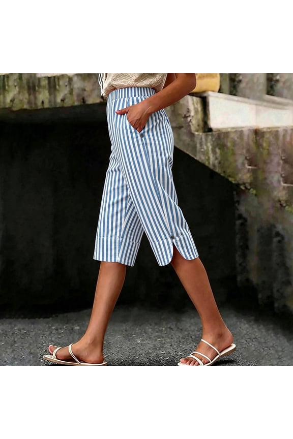 Striped Cropped Pants for Women, High Waist Linen Mixed Cropped Straight Leg Trousers with Side Slit Cuff and Pockets for Summer Casual Vacation Wear