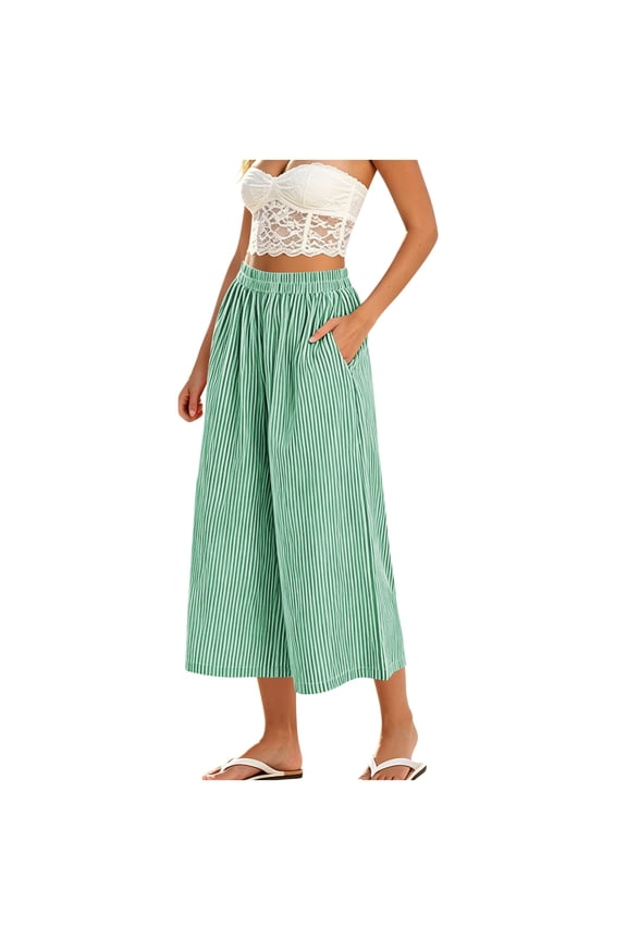 Striped Cropped Wide Leg Pants for Women, Elastic High Waist Loose Culottes with Side Pockets for Summer Beach Vacation Daily Casual Wear
