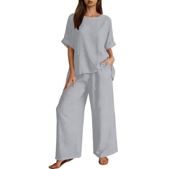 Ahabrexf Summer 2 Pc Sets for Women Solid Color Short Sleeve Top and Long Pants Blend Casual Outfit