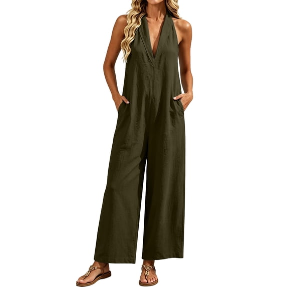 Ahabrexf Summer Casual Jumpsuits for Women, Shoulder-Baring Deep V Neck Wide Leg, Linen Mixed Sleeveless Casual Jumpsuit with Pockets for Vacation