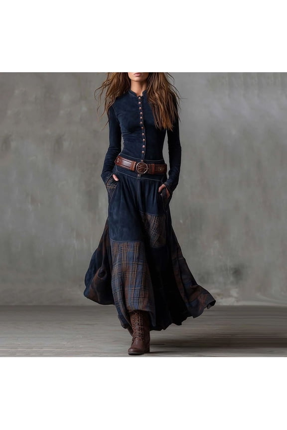 Summer Dress for Women, Patchwork High Waist Relaxed A-Line Long Sleeve Everyday Gown