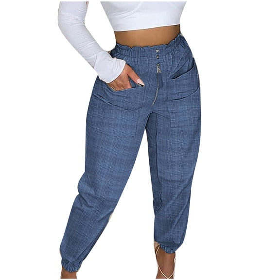 Ahabrexf Jeans, Summer New Women's Elastic Waist Casual Pants with Button Zipper and Pocket in Solid Color