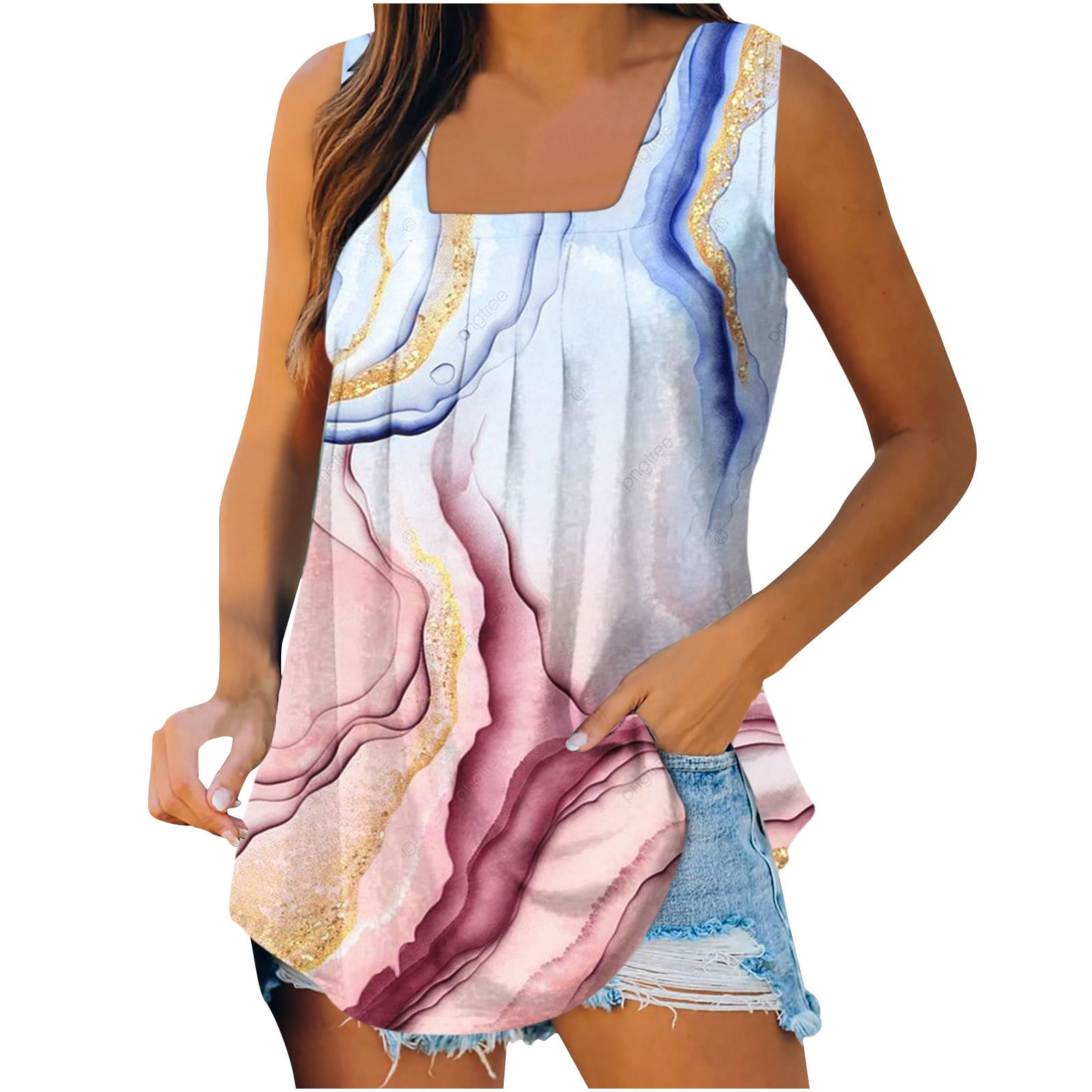 Women's Summer Tank Top - Loose Fit Square Neck Sleeveless Top With Pleats & Curved Hem - View #2