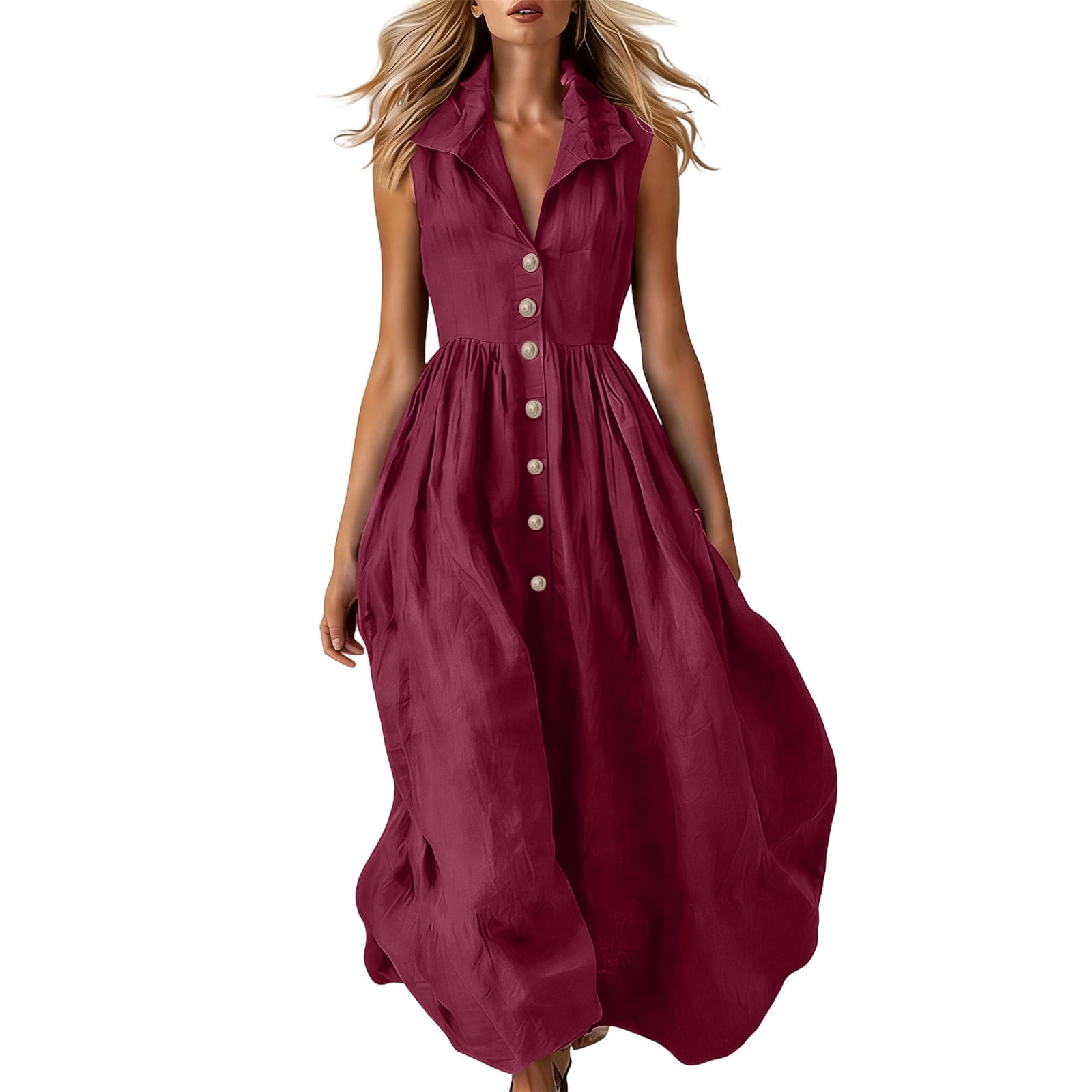 Ahabrexf Sundress Casual Solid Color Sleeveless Button Up Lapel Dress ...