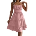 thumbnail image 1 of Ahabrexf Sundress Sleeveless Spaghetti Strap Backless Square Neck Shirred Layered Pleated Dress, 1 of 9