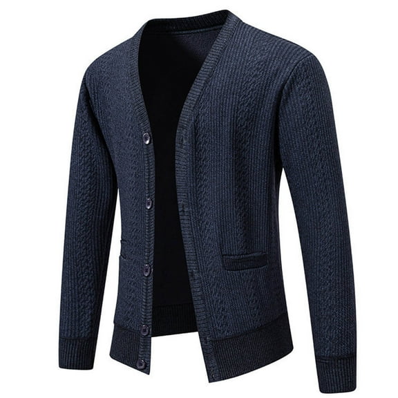 Ahabrexf Sweaters for Men, Fleece Lined V-Neck Pocket Button Cardigan Elastic Knit Sweater