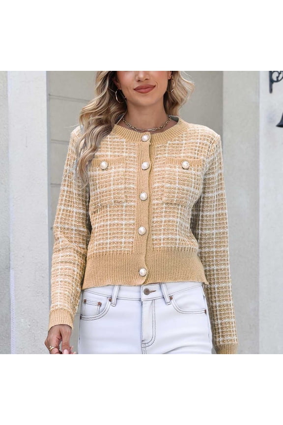 Sweaters for Women Fashionable Women's Checkered Printed Pearl Button Pocket Casual Knitted Sweater Cardigan Top Cardigan for Women Cardigan for Women