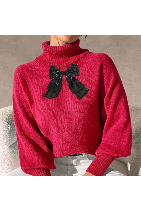 Plaid Jackets for Women, Turtleneck Lace Lantern Sleeve Bow Detail Knitted Pullover Sweater