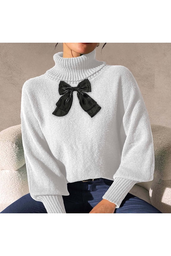 Plaid Jackets for Women, Turtleneck Lace Lantern Sleeve Bow Detail Knitted Pullover Sweater