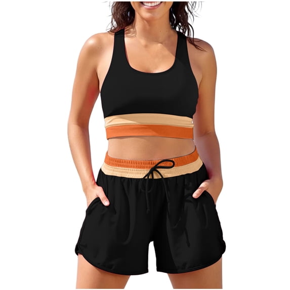 Ahabrexf Swim Shorts Women Set Colorblock Back Zip Padded Sports Bra with Built-In Pockets Double-Layer Bottoms 2-Pc Swimsuit