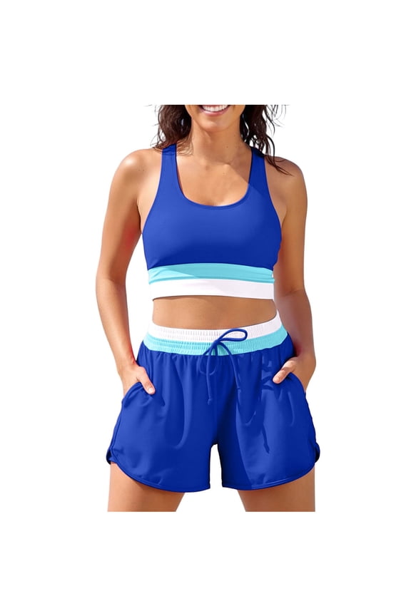 Swim Shorts Women Set Colorblock Back Zip Padded Sports Bra with Built-In Pockets Double-Layer Bottoms 2-Pc Swimsuit