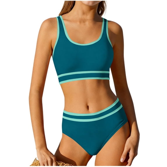 Ahabrexf Swim Suits for Girls, Textured Fabric Contrast Trim Two Piece Tankini Bathing Suit Set, 1 Set