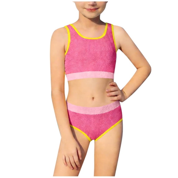 Ahabrexf Swim Suits for Girls, Textured Fabric Contrast Trim Two Piece Tankini Bathing Suit Set, 1 Set