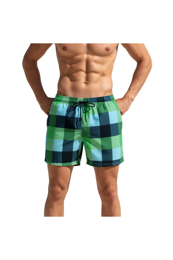 Swim Trunks for Men Quick-Drying Checkered Beach Pants with Pockets Straight Leg Loose Fit