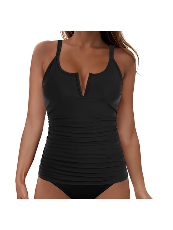 Swimsuit Tops for Women, V Notch Ruched Adjustable Strap Push Up Padded Solid Tankini Swim Top, 1 Pc