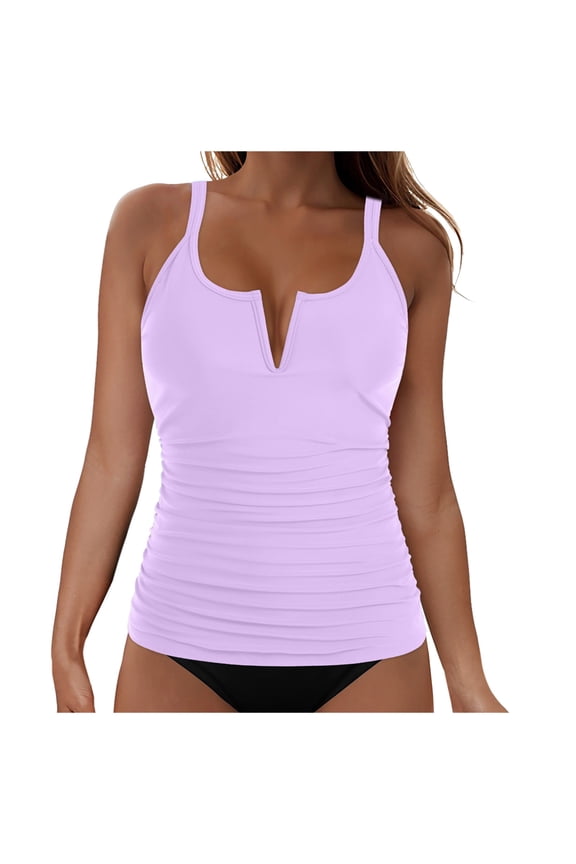 Swimsuit Tops for Women, V Notch Ruched Adjustable Strap Push Up Padded Solid Tankini Swim Top, 1 Pc