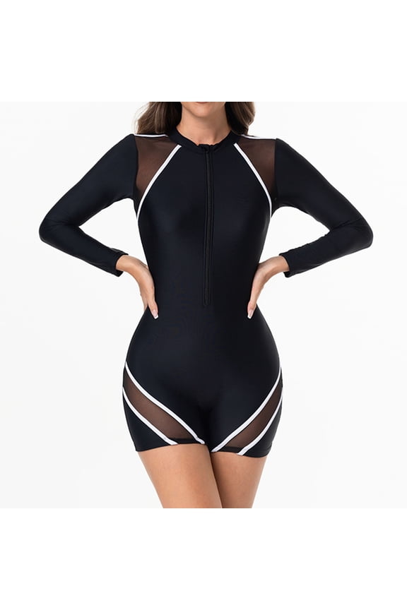 1 Pc Long Sleeve One Piece Swimsuit for Women Modest Diving Suit Full Body Front Zipper Mesh Panel Short