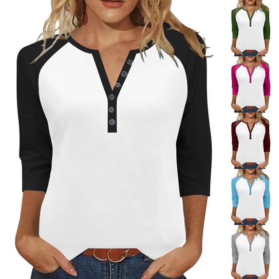 Ahabrexf T-Shirt Women's 3/4 Sleeve Raglan Button V Neck Relaxed Fit Black and White Color Block Casual Everyday Wear