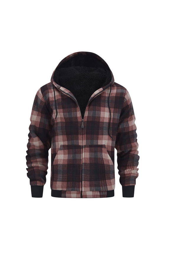 Fleece Jacket Men, Plaid Trench Coat with Long Sleeves for Warm Winter Casual Outerwear